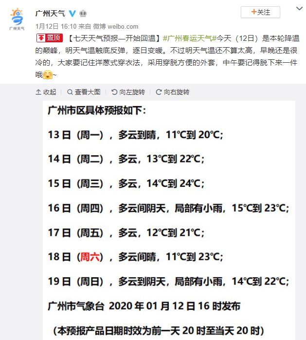 2020年1月13日广州天气多云到晴 13℃~21℃