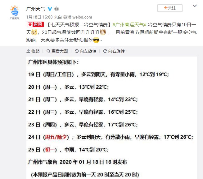 2020年1月19日广州天气多云到阴天 局部有零星小雨 13℃~19℃