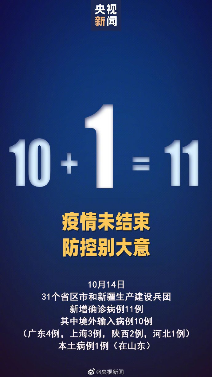 2020年10月14日31省区市新增确诊病例11例