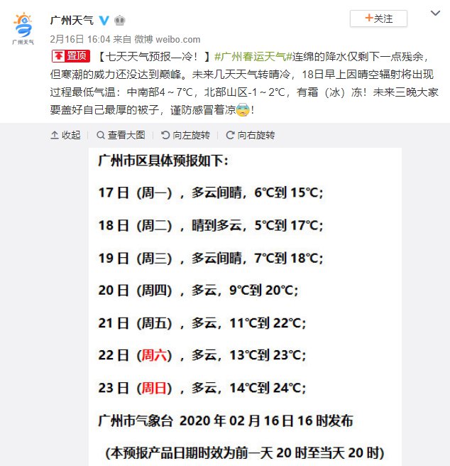 2020年2月15日广州天气多云间晴 5℃~15℃