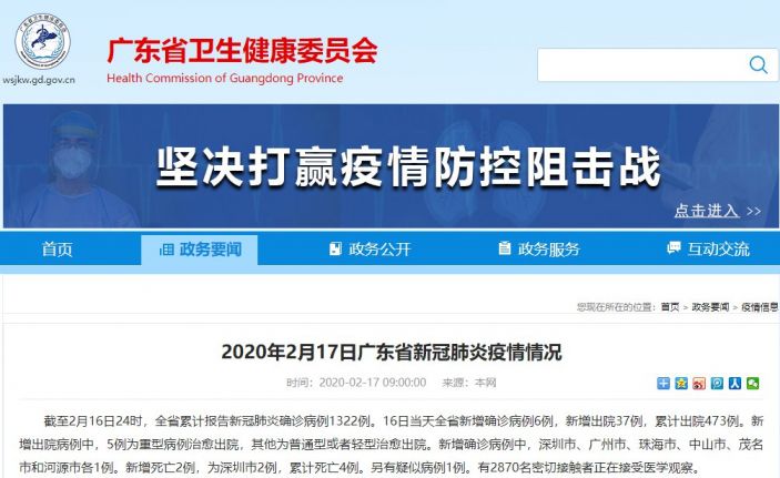 2月16日广东新冠肺炎疫情最新情况 新增确诊6例新增出院37例