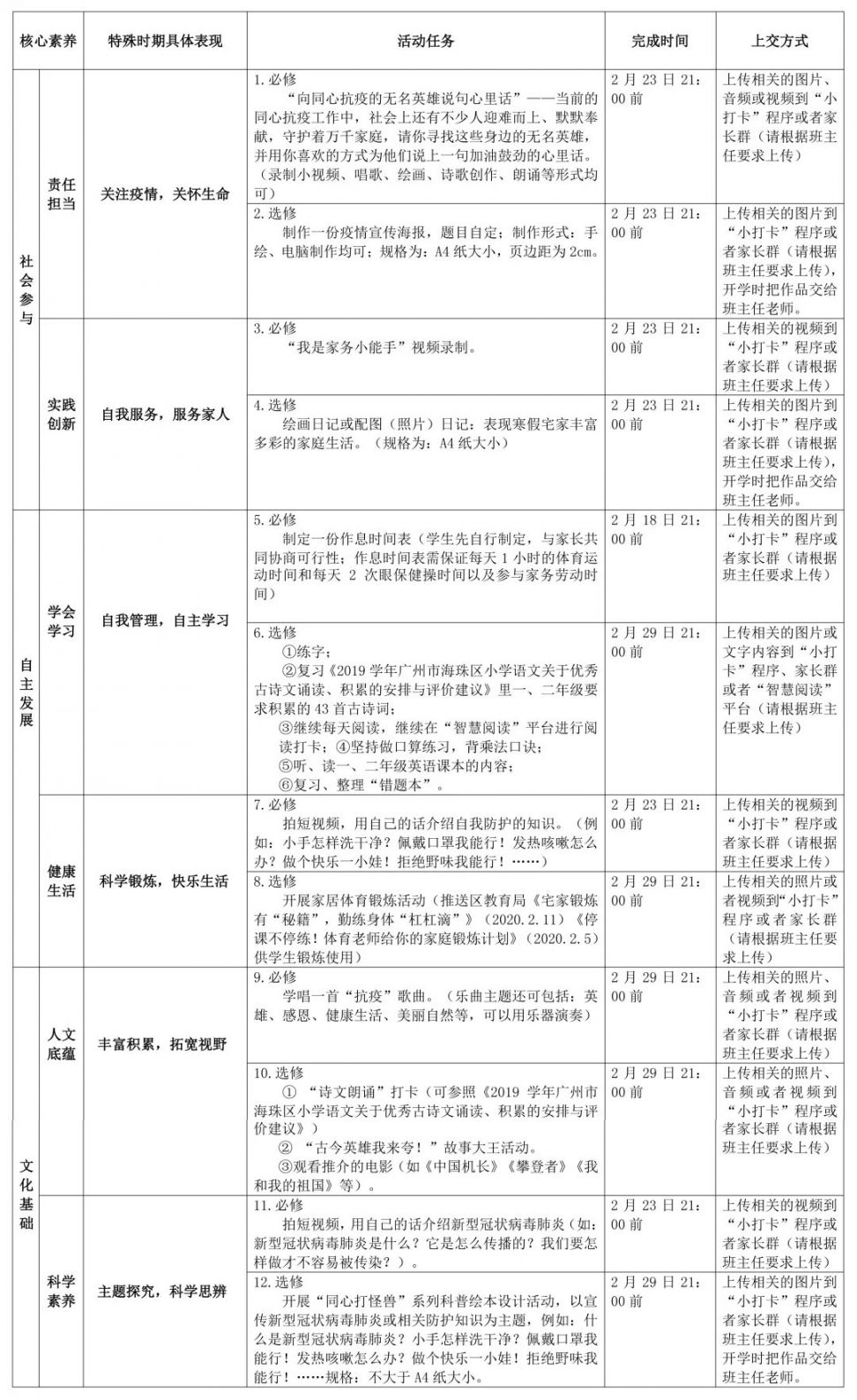 广州海珠区同福中路第一小学学习活动表