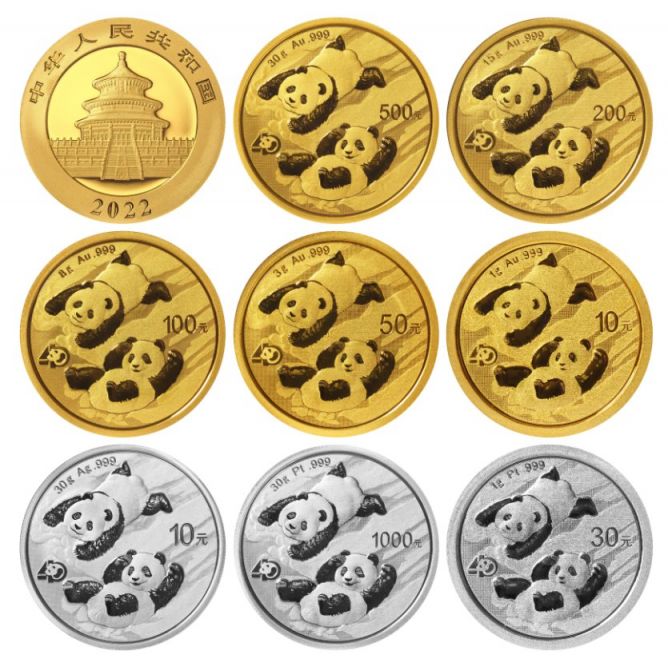 2022版熊猫贵金属纪念币正面图案均为北京天坛祈年殿,并刊国名,年号
