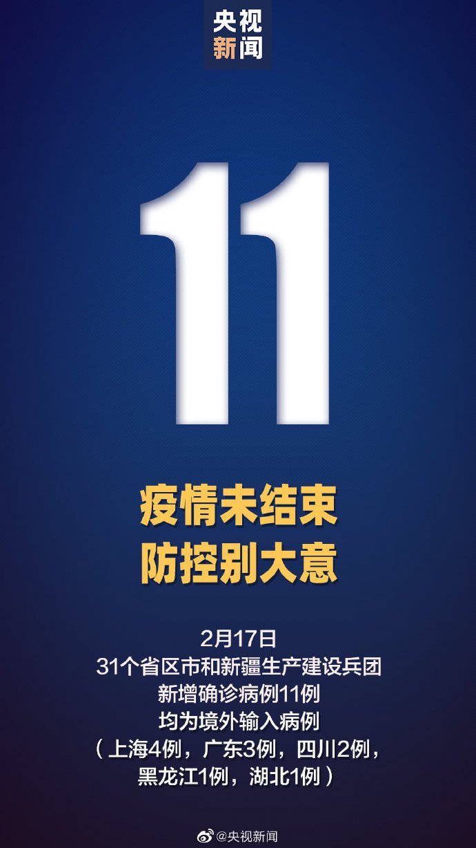 2月17日31省新增11例确诊 均为境外输入