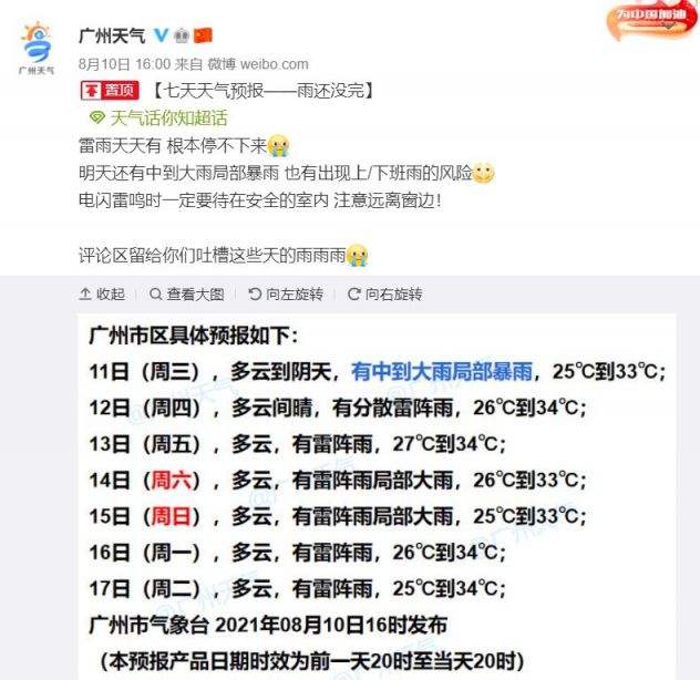 2021年8月11日广州天气有中到大雨局部暴雨26℃~33