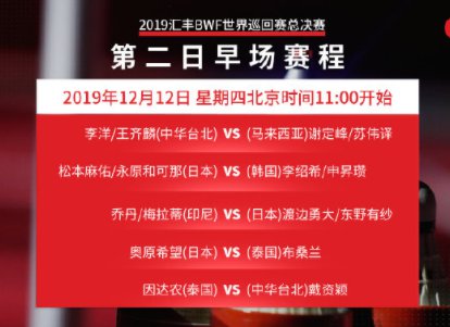 2019年12月12日世界羽联总决赛赛程一览