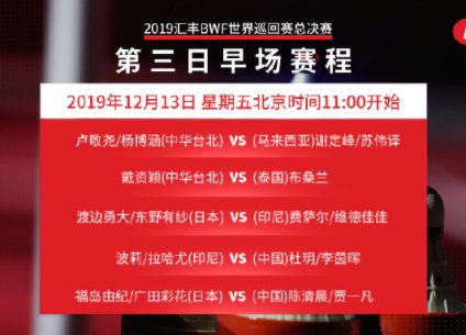 2019年12月13日世界羽联广州总决赛赛程一览