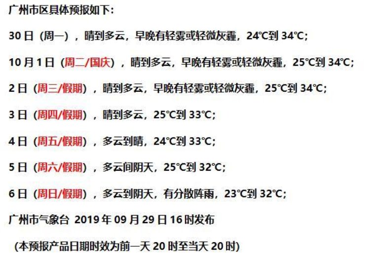 2019国庆广州天气热吗？广州国庆气温