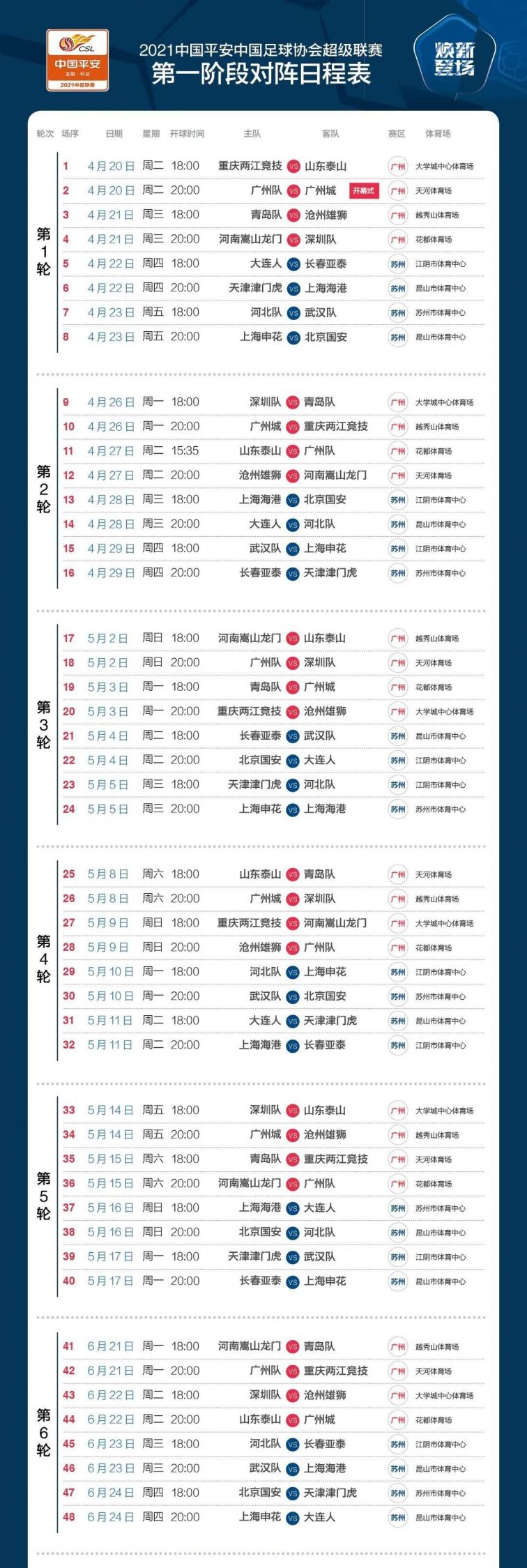 中超联赛2021赛程表（最新公布）