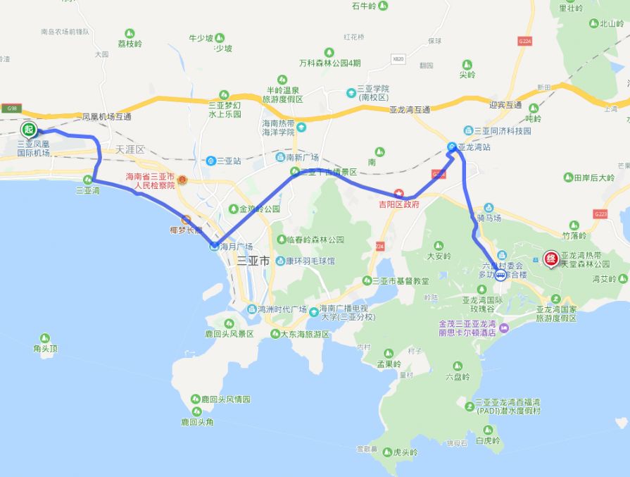 三亚凤凰机场-亚龙湾热带天堂森林公园    推荐公交路线:24路,27路