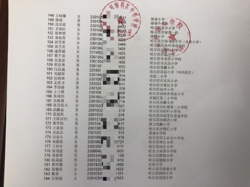 2019哈尔滨民办初中电脑派位名单