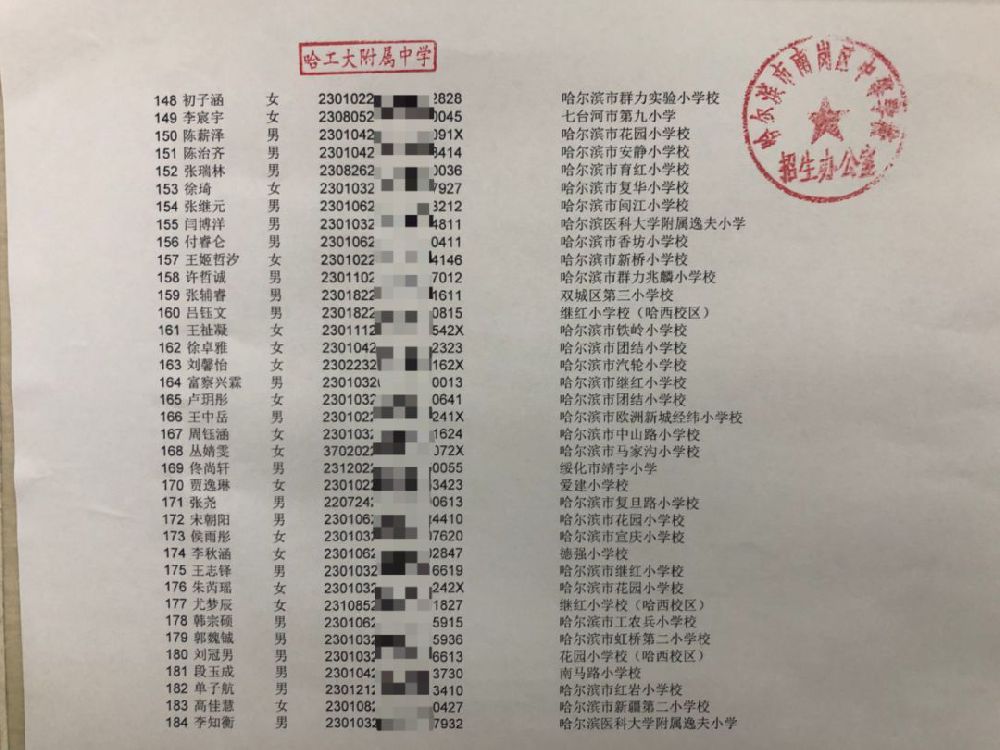 2019哈尔滨民办初中电脑派位名单