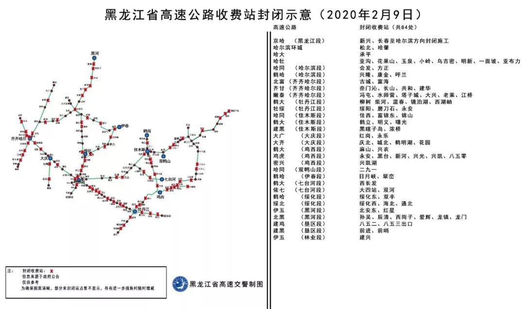 9日,黑龙江省高速公路收费站共有84处为封闭状态,具体情况见以下示意