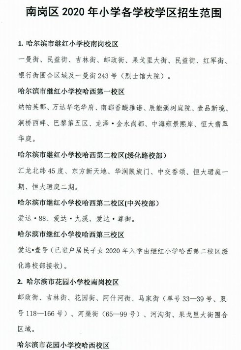 2021哈尔滨小学学区房划分一览表