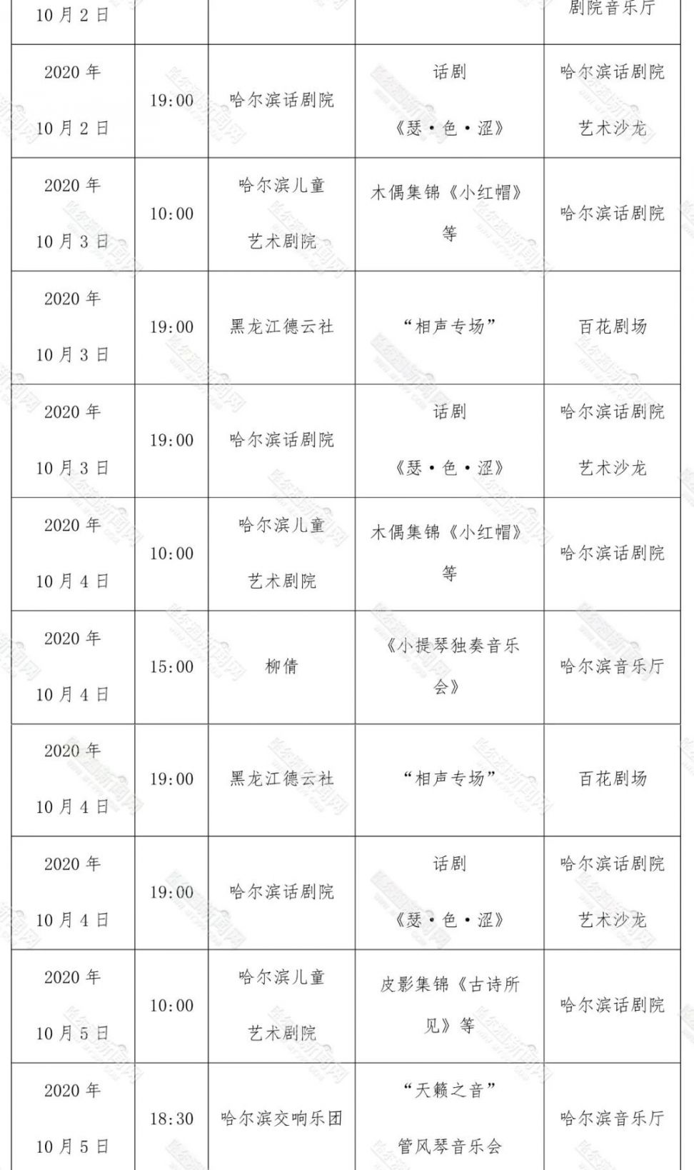 2020国庆哈尔滨演出时间表