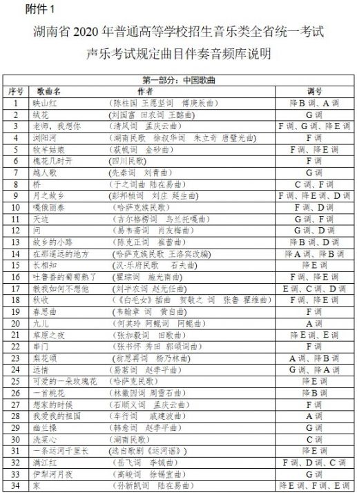 2022年湖南统考声乐考试规定曲目伴奏音频库