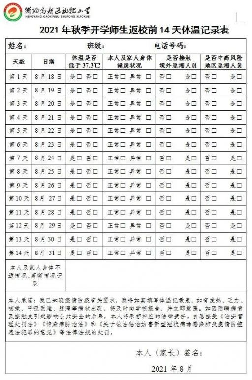 衡阳祝融小学2021秋季返校防疫规定