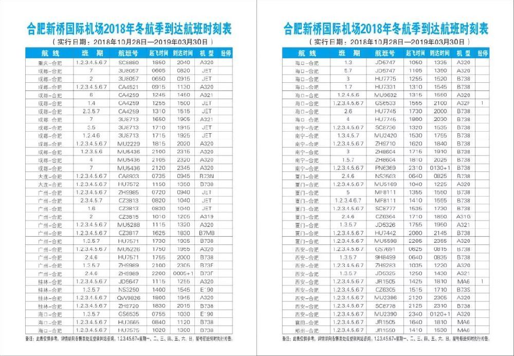 2018合肥新桥机场航班冬季换季(附最新时刻表)