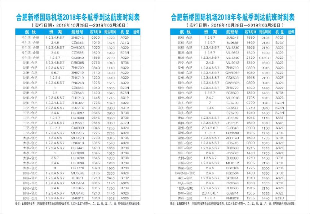 2018合肥新桥机场航班冬季换季(附最新时刻表)