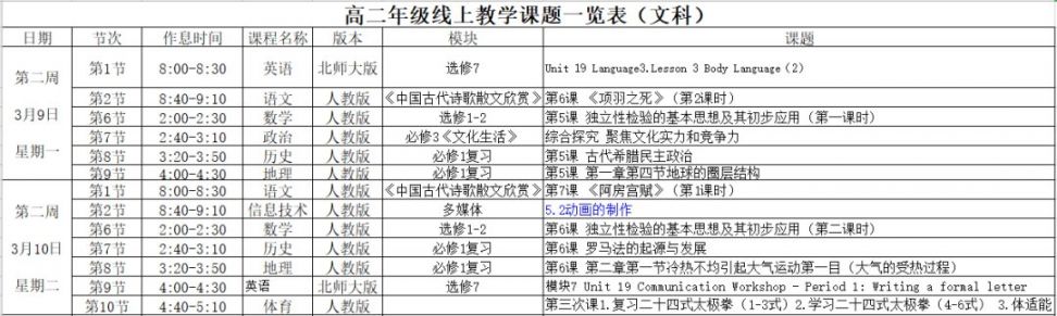 2020年3月9日起合肥高一和高二课表有调整