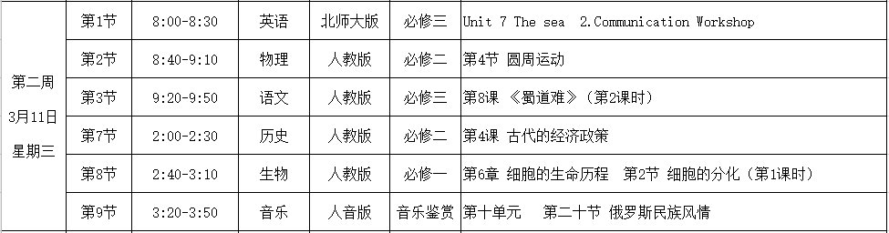 2020年3月9日起合肥高一和高二课表有调整