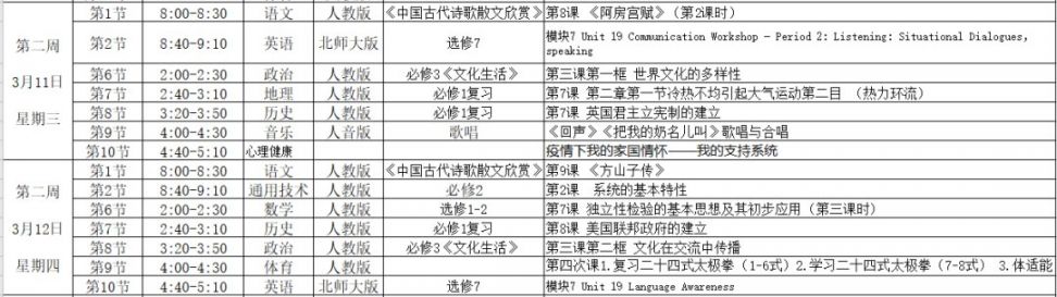2020年3月9日起合肥高一和高二课表有调整