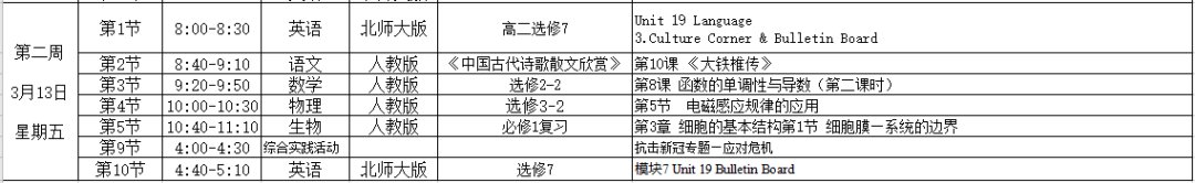 2020年3月9日起合肥高一和高二课表有调整