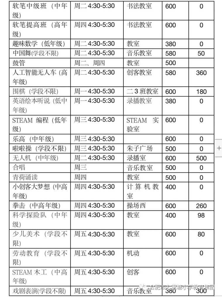 合肥市七里塘小学课后服务个性化课程安排表