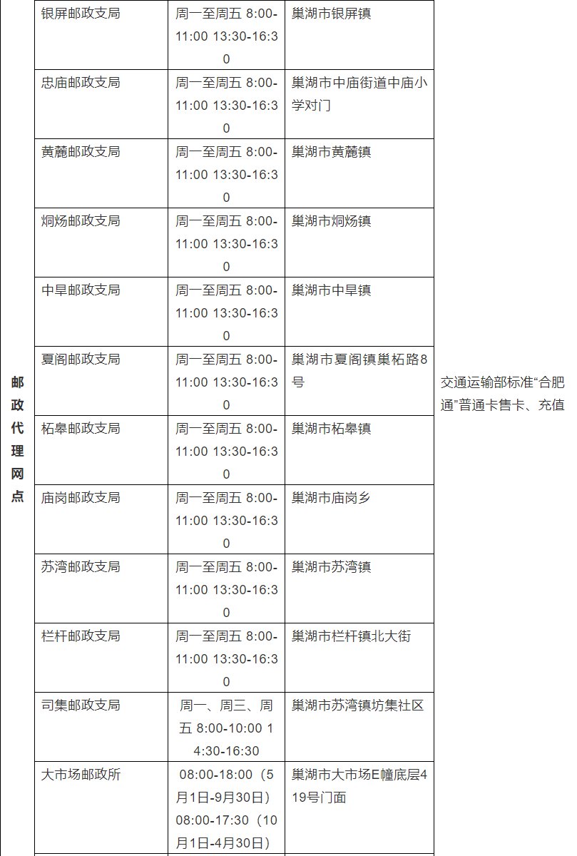 合肥通卡在巢湖有哪些服务网点？