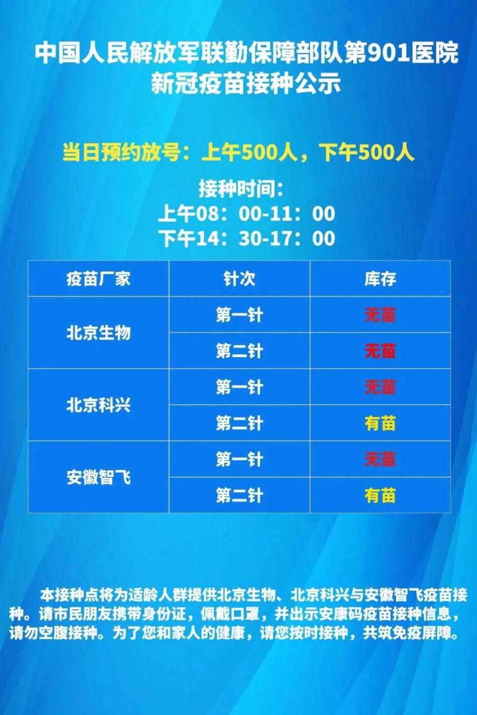 合肥901医院6月17日新冠疫苗接种通知