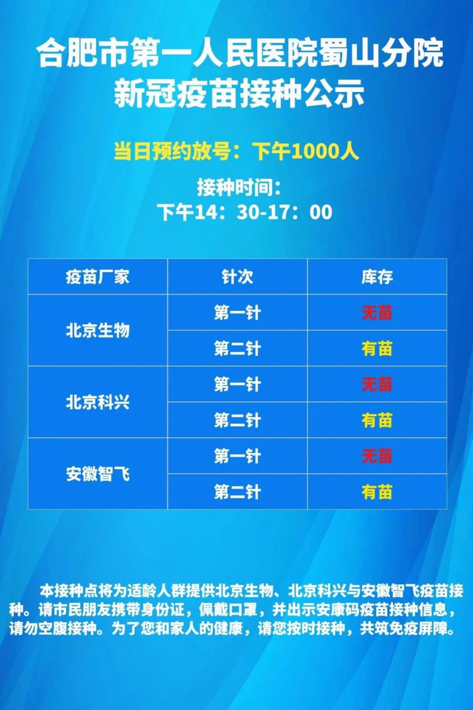 合肥市第一人民医院蜀山分院6月17日新冠疫苗接种通知