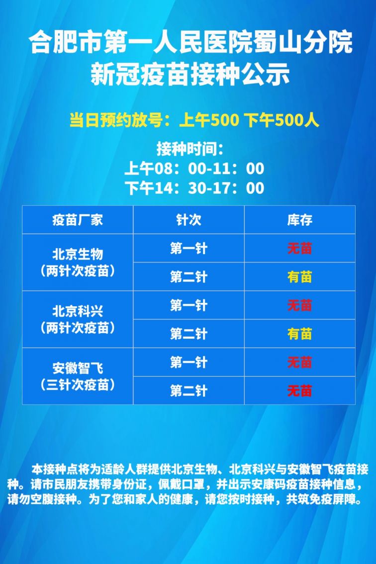 蜀山区6月23日新冠疫苗接种点疫苗接种通告