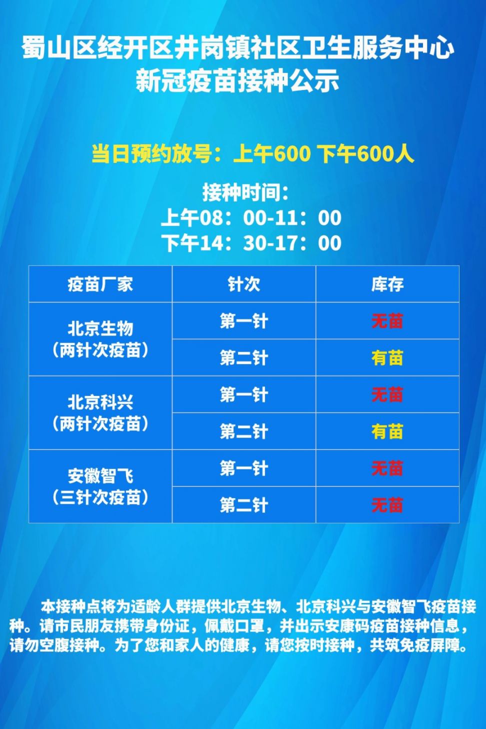 蜀山区6月23日新冠疫苗接种点疫苗接种通告