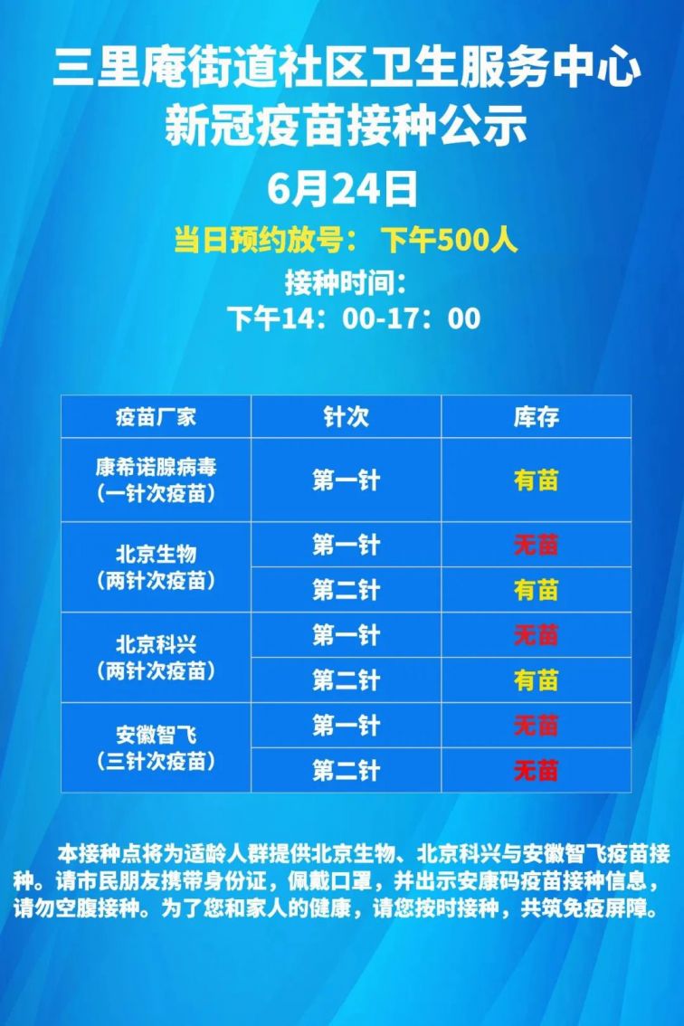 蜀山区6月24日新冠疫苗接种点疫苗接种通告