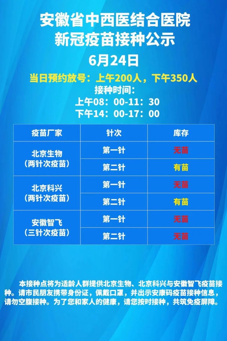 蜀山区6月24日新冠疫苗接种点疫苗接种通告