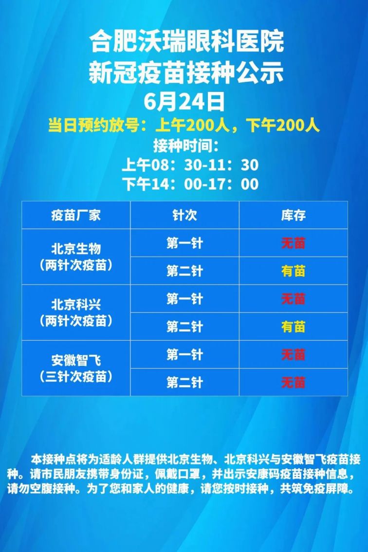 蜀山区6月24日新冠疫苗接种点疫苗接种通告