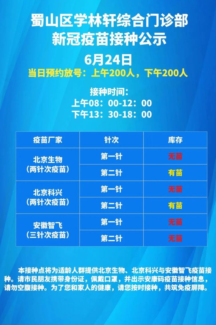蜀山区6月24日新冠疫苗接种点疫苗接种通告