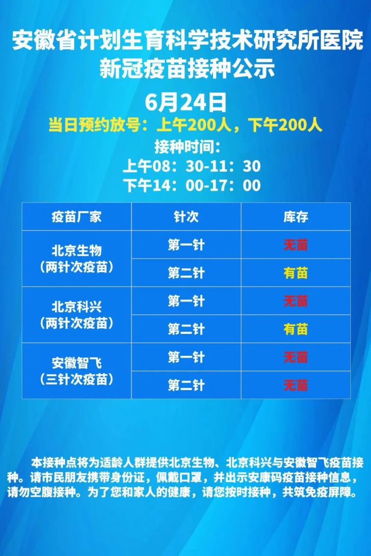 蜀山区6月24日新冠疫苗接种点疫苗接种通告