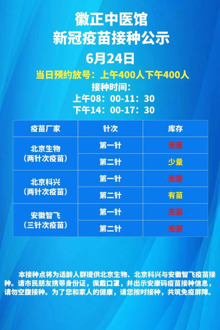 蜀山区6月24日新冠疫苗接种点疫苗接种通告