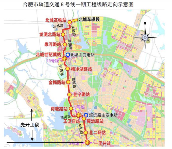 8号线一期工程位于合肥市庐阳区与长丰县,线路全长23公里,均为地下线