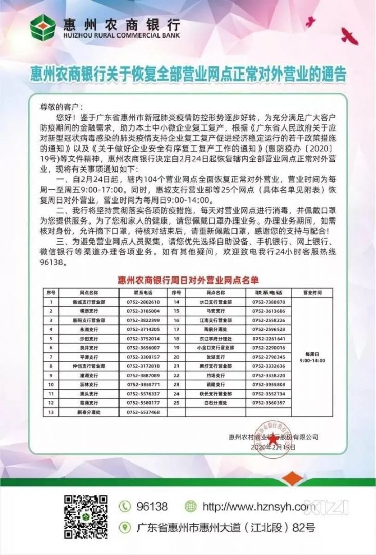 惠州多家银行重新调整对外营业时间