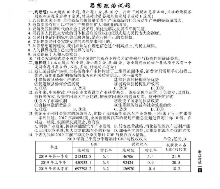 2020浙江7月选考思想政治试题真题