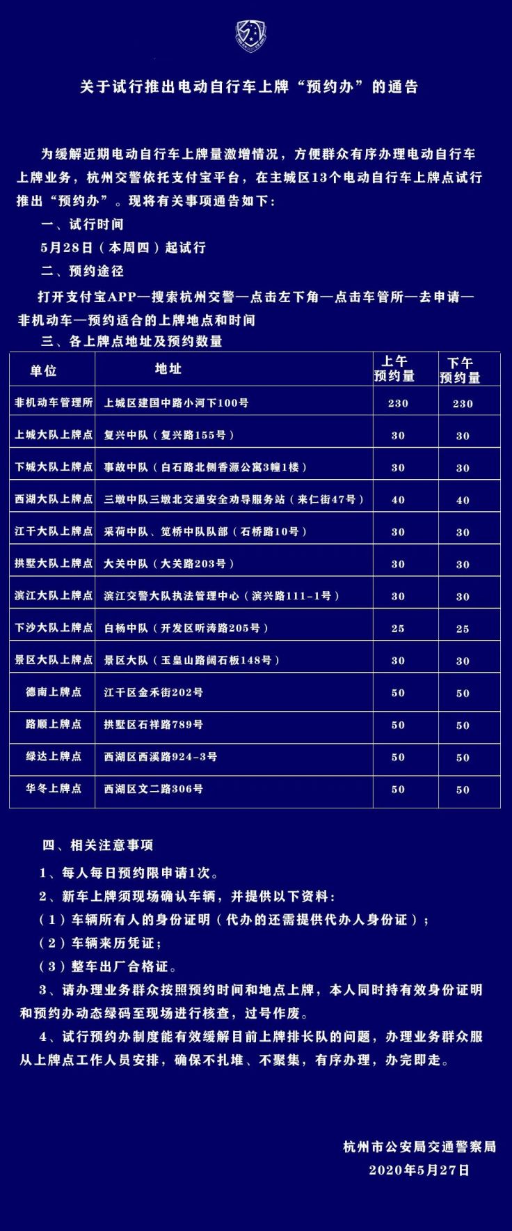 杭州电动车5月28日起可预约上牌