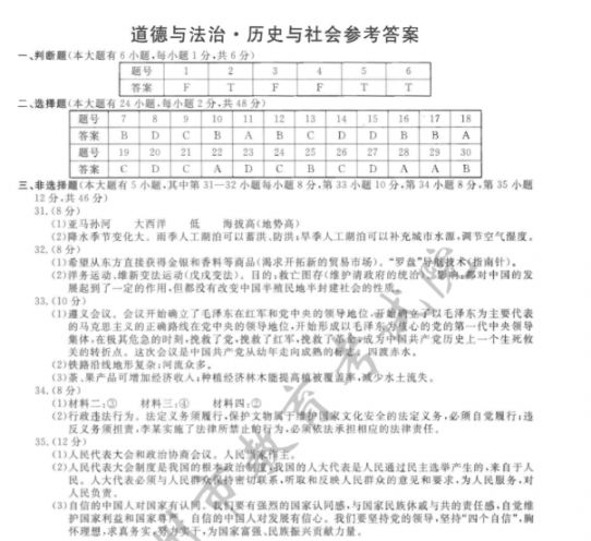 2020杭州中考试卷答案汇总