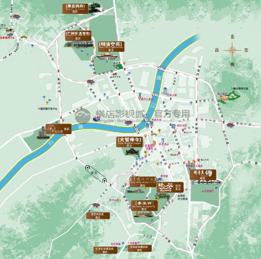 (附高清地图)   横店所有景点都分布在方圆20平方公里的横店镇区内