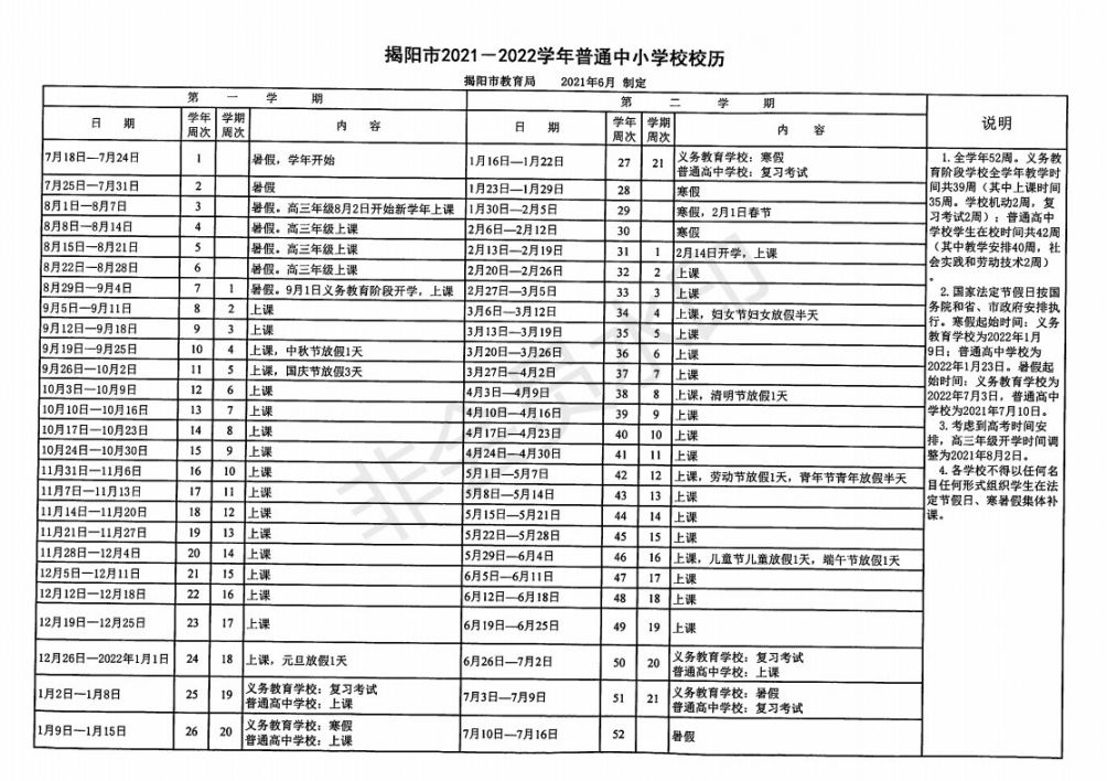 揭阳市2021-2022学年度中小学校历