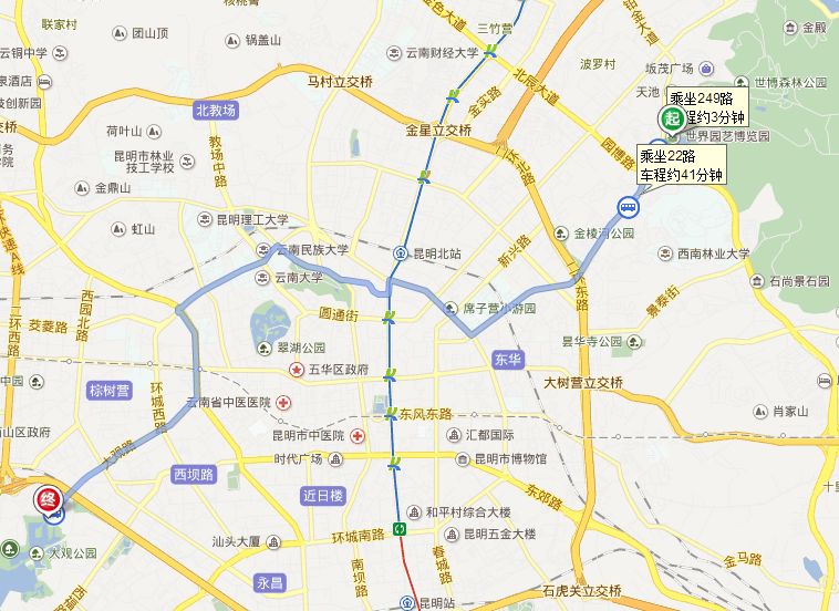 路线一:249路 → 22路昆明世博园到大观公园公交路线