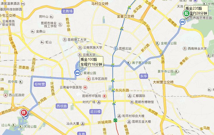 路线二:235路 → 100路7,到达大观公园6,步行 120米5,18站 大观楼站