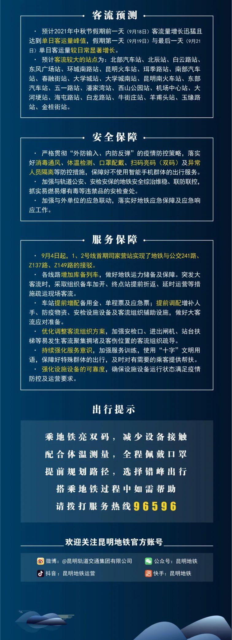 2021年中秋节昆明地铁运营时间表（附出行提示）
