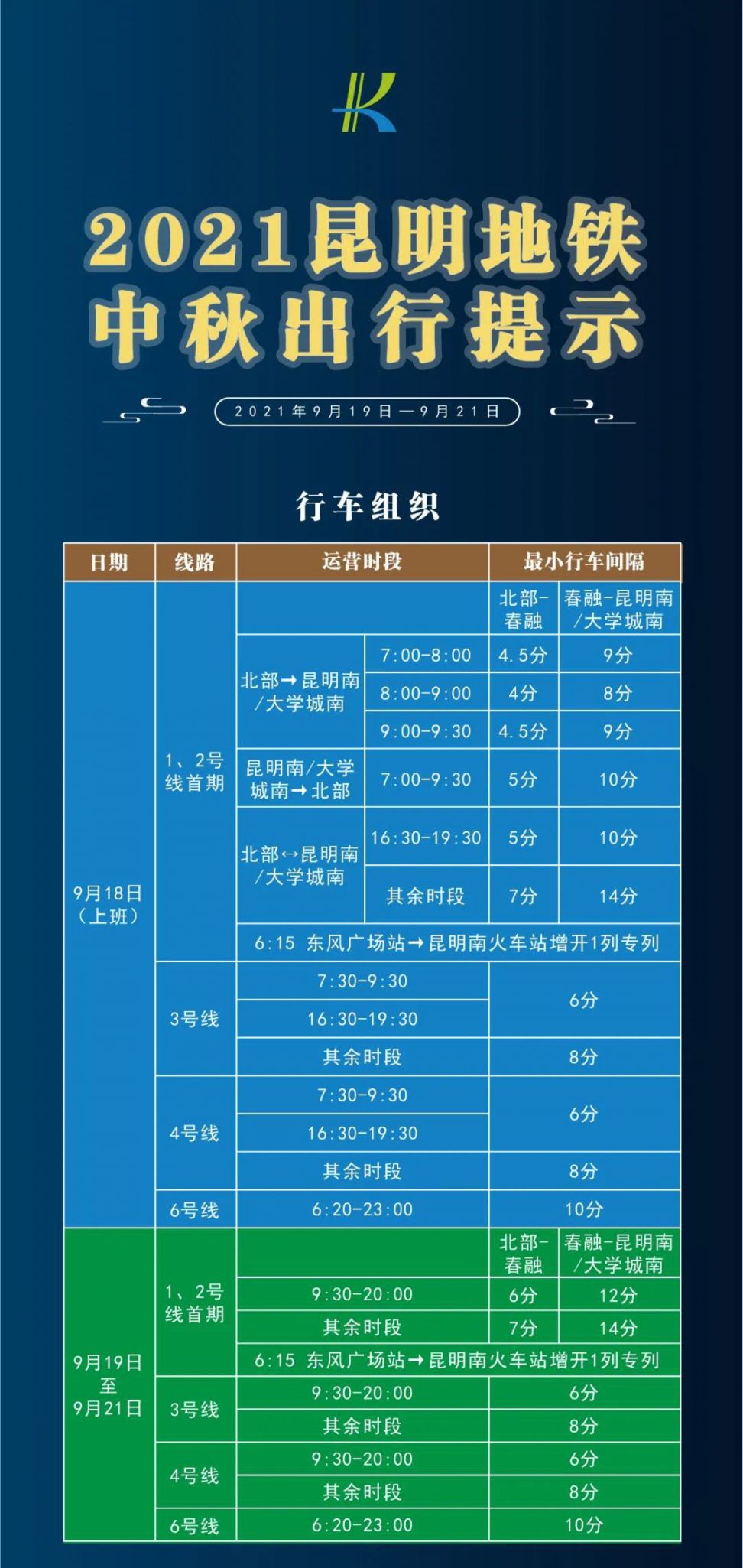 2021年中秋节昆明地铁运营时间表（附出行提示）